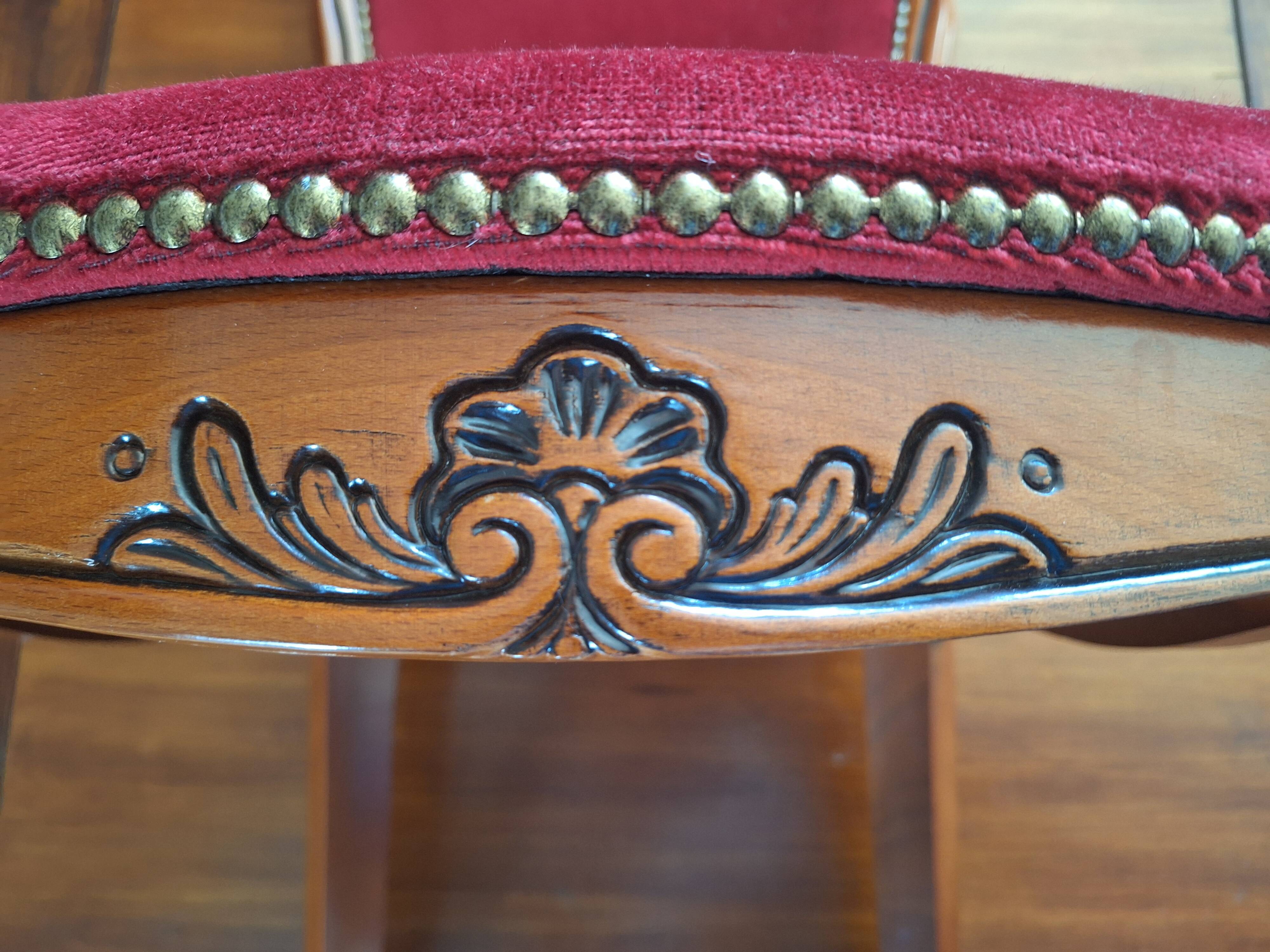 superb set of (8/10) Louis XV chairs in solid cherry with burgundy velvet