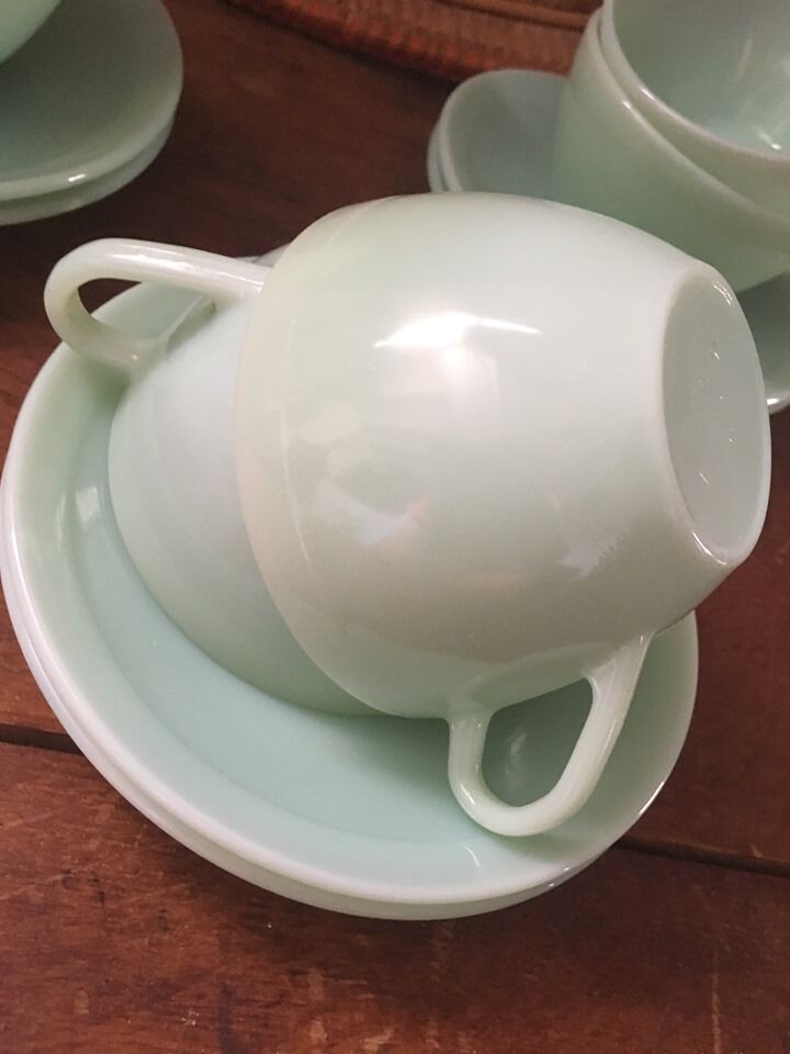 Serves six coffee cups opaline green water 60s.
