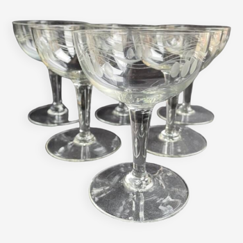 6 Champagne glasses – Cut and engraved glass – Art Deco