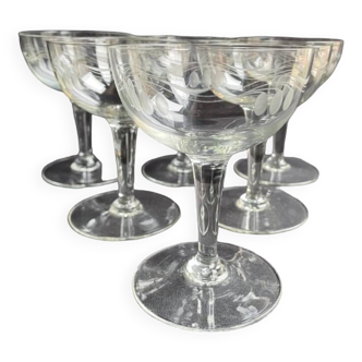 6 Champagne glasses – Cut and engraved glass – Art Deco