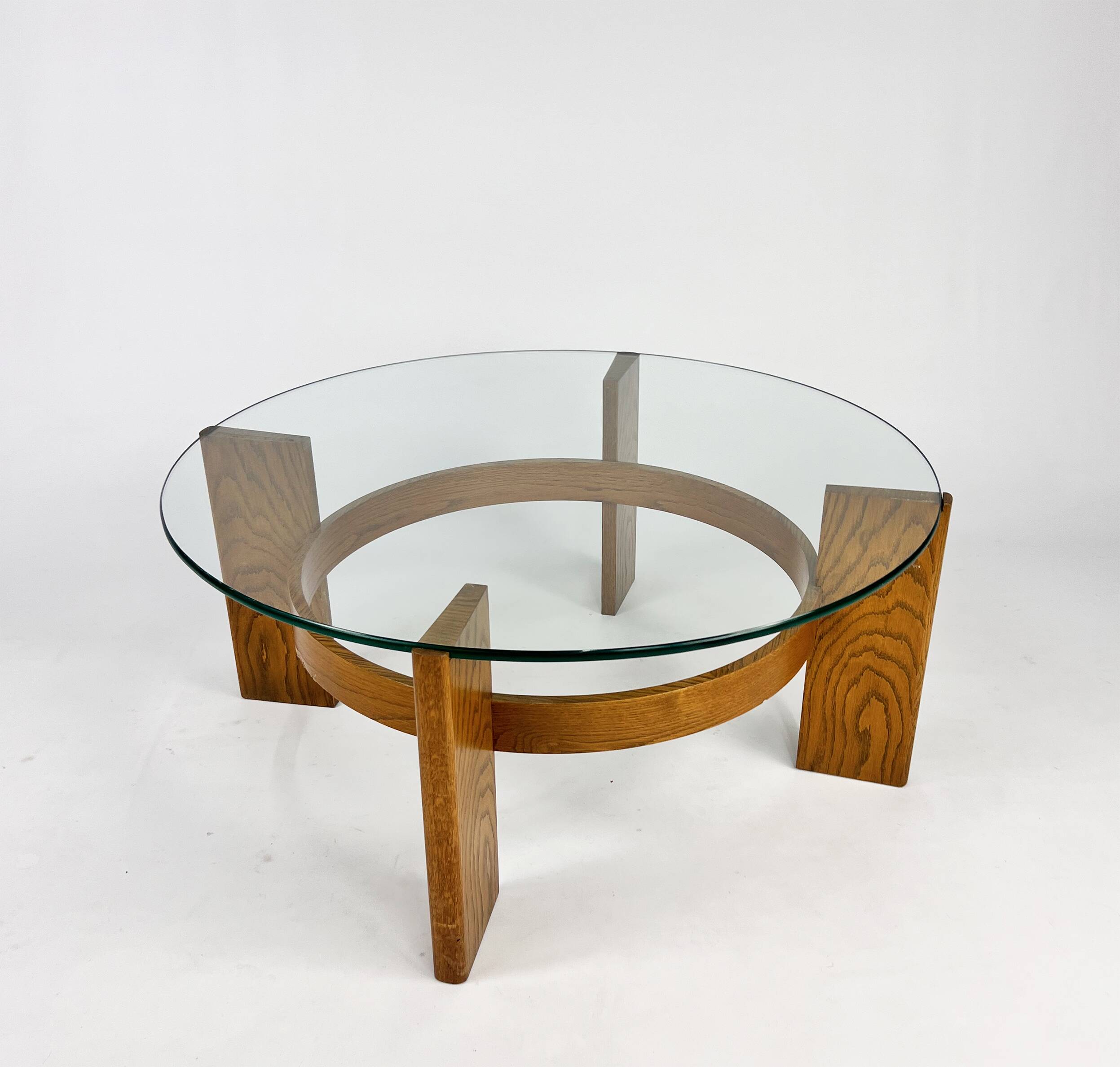 Vintage Oak and Thick Glass Coffee Table, 1960