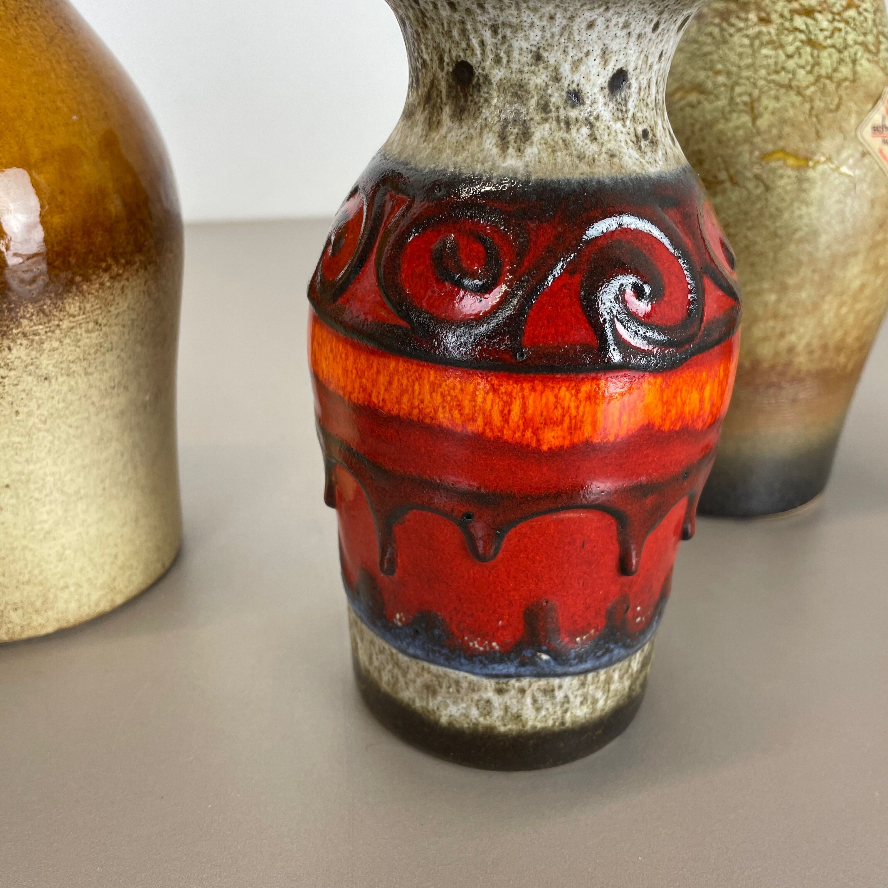 Set of five vintage pottery fat lava vases made by scheurich, germany, 1970s