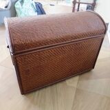 Vintage storage chest - curved - woven rattan - 1970s - mahogany colour