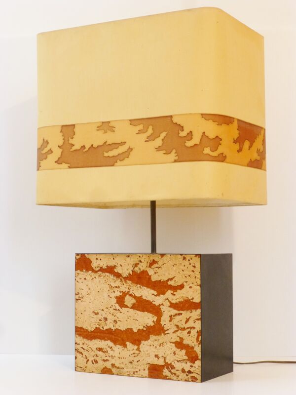 Chic & importante lampe d'ambiance pied en liège et mélaminé 1970 vintage seventies 70's cork lamp