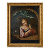 Oil on canvas from the early 18th century – Young woman with a parrot