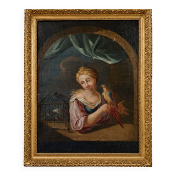 Oil on canvas from the early 18th century – Young woman with a parrot