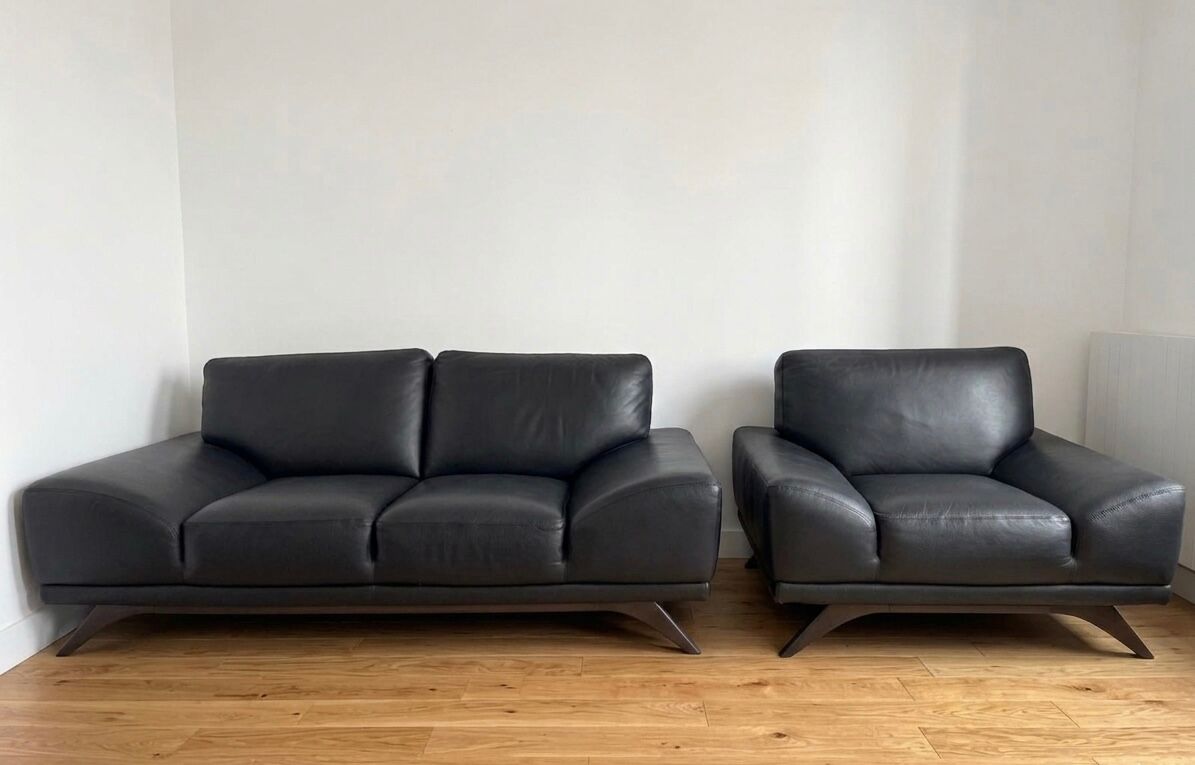 2-seater sofa set + Roche Bobois leather armchair — wooden legs