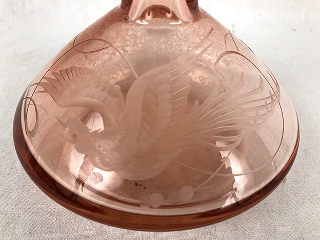 Pink glass liquor service, engraved decanter