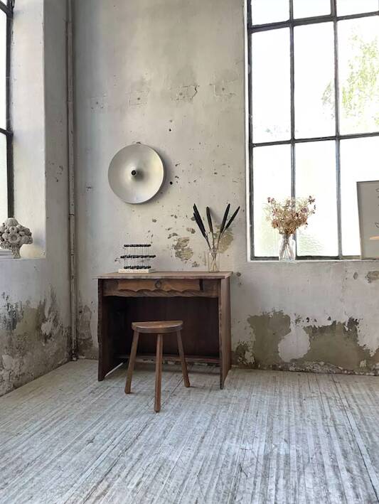 Brutalist desk in elm, signed Aranjou.