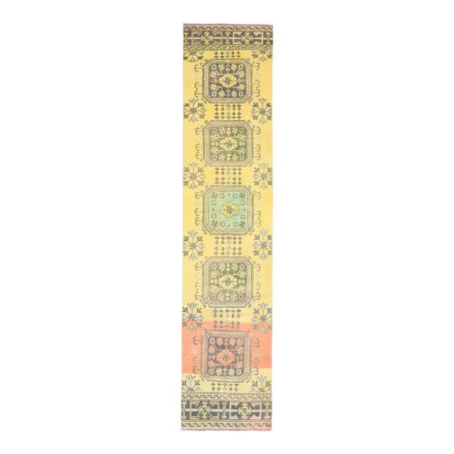 1970s Turkish Oushak Handmade Wool Cotton Yellow Runner 81x362