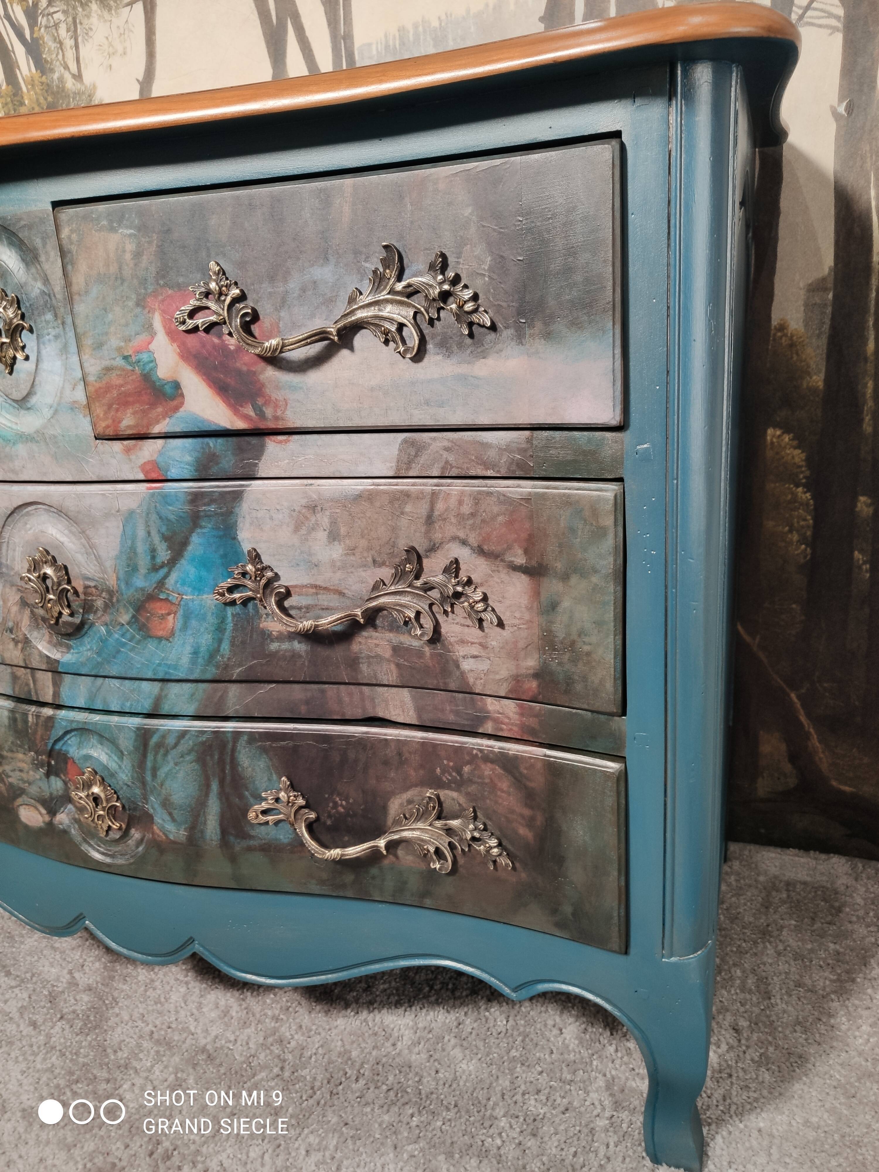 Patinated crossbow chest of drawers