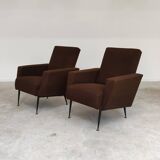 Pair of dark brown rockabilly style armchairs in new vintage condition