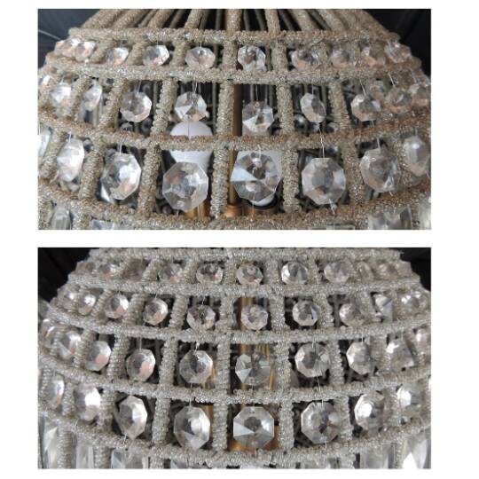 Spherical pendant light with crystal tassels and seed beads / vintage.