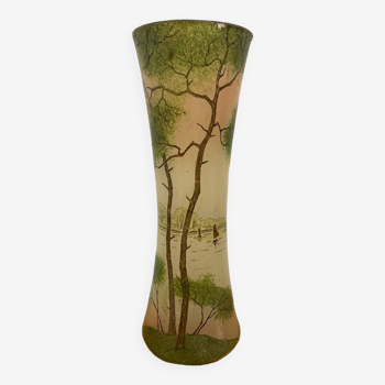 Vase verre émaillé « paysage lacustre » François Théodore Legras