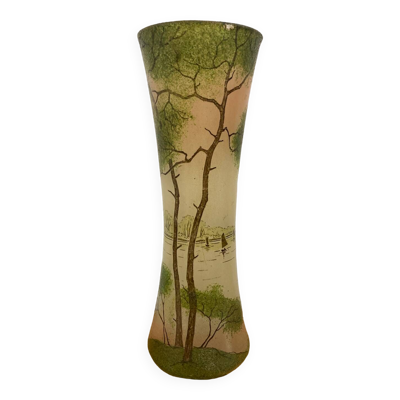 Vase verre émaillé « paysage lacustre » François Théodore Legras