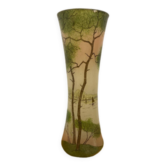 Vase verre émaillé « paysage lacustre » François Théodore Legras