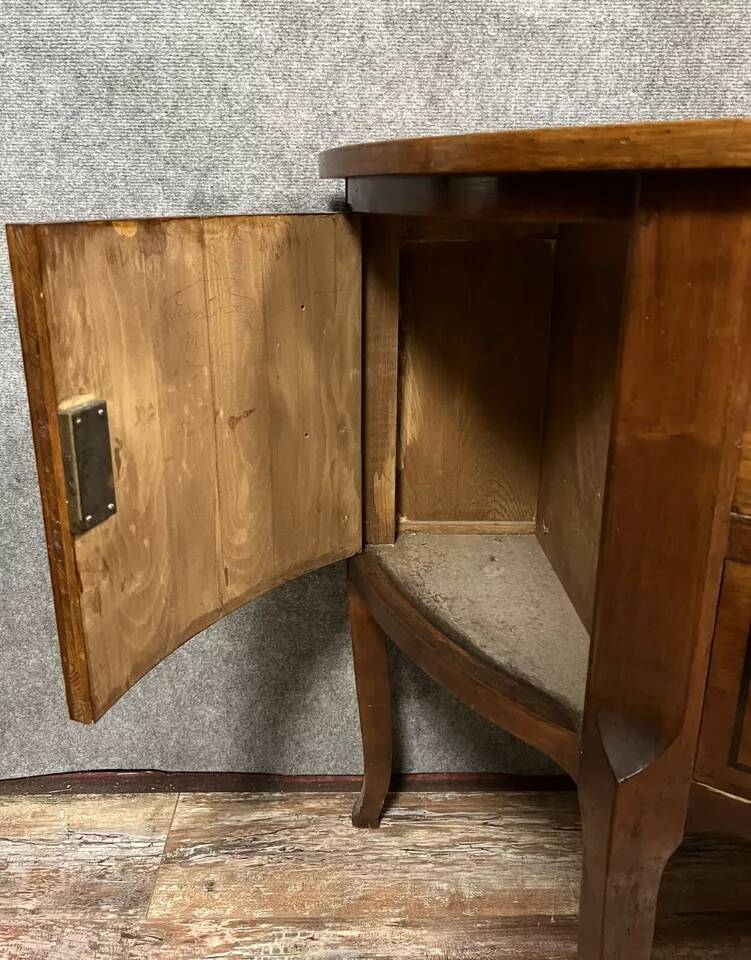 Louis XV / Louis XVI Transition style half-moon chest of drawers in marquetry mahogany