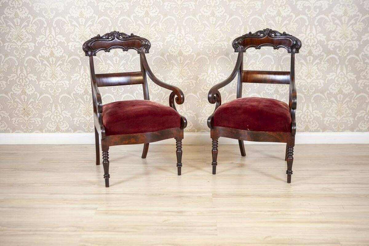 Set of Empire Mahogany Armchairs in Red Upholstery, 19th Century