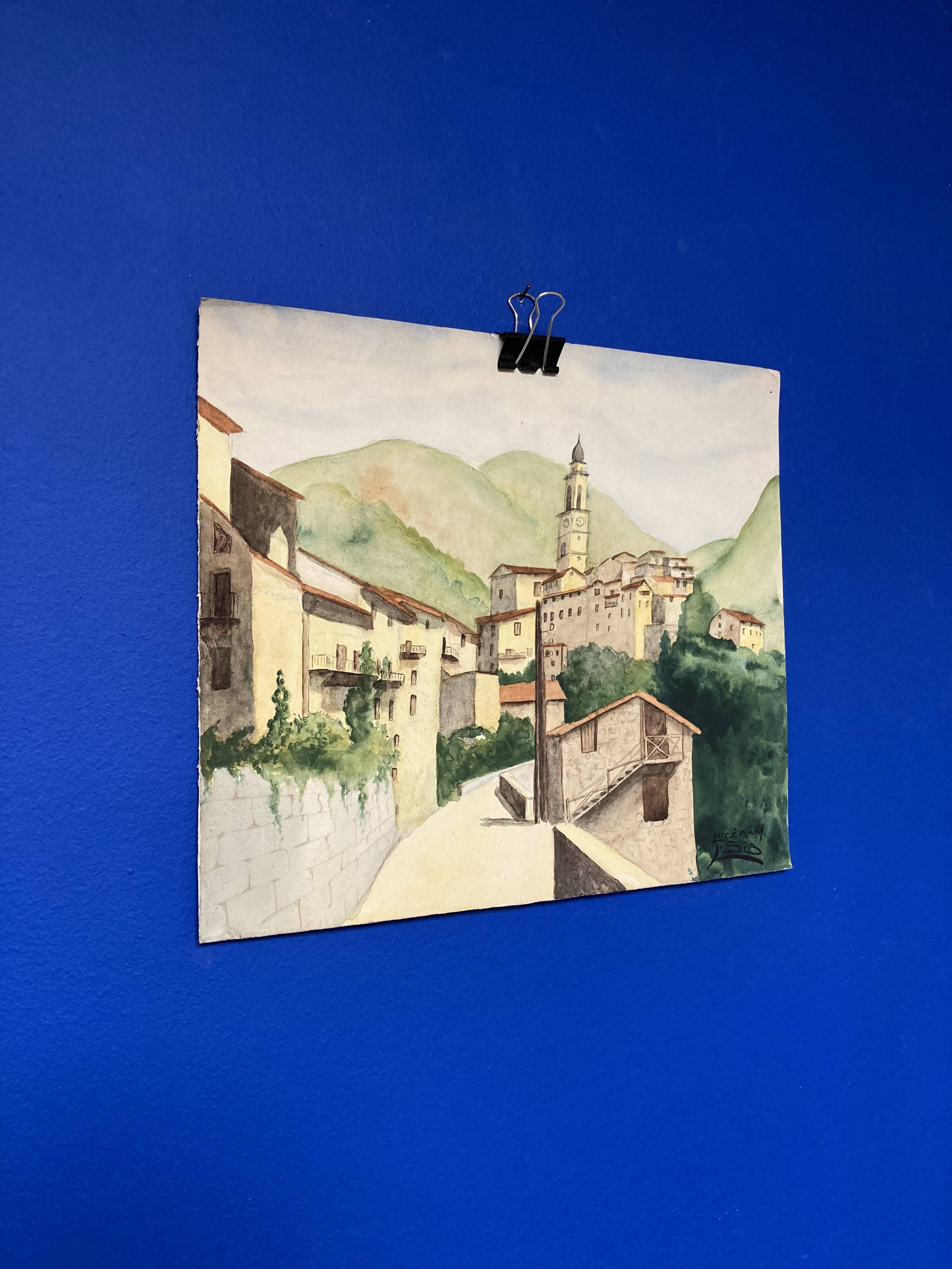 Signed watercolor of landscape with bell tower