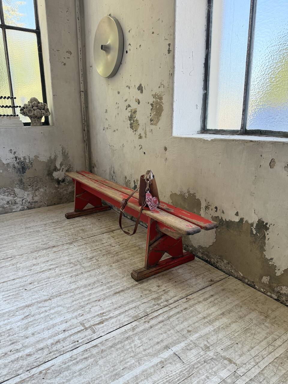 1950s oak bench with red patina, 2m