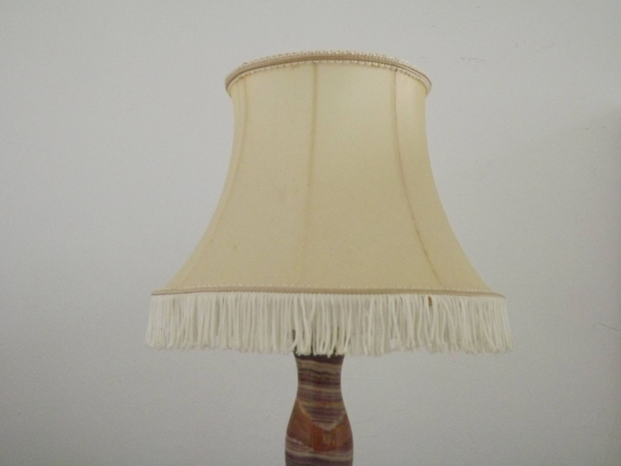 Vintage French Round Brass and Onyx Table Lamp With Cream Fringed Shade
