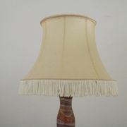 Vintage French Round Brass and Onyx Table Lamp With Cream Fringed Shade