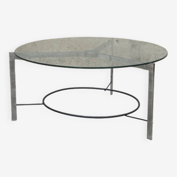 Table basse en verre, acier chromé et laqué noir, 1970s