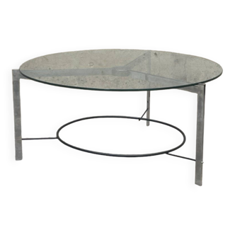 Table basse en verre, acier chromé et laqué noir, 1970s