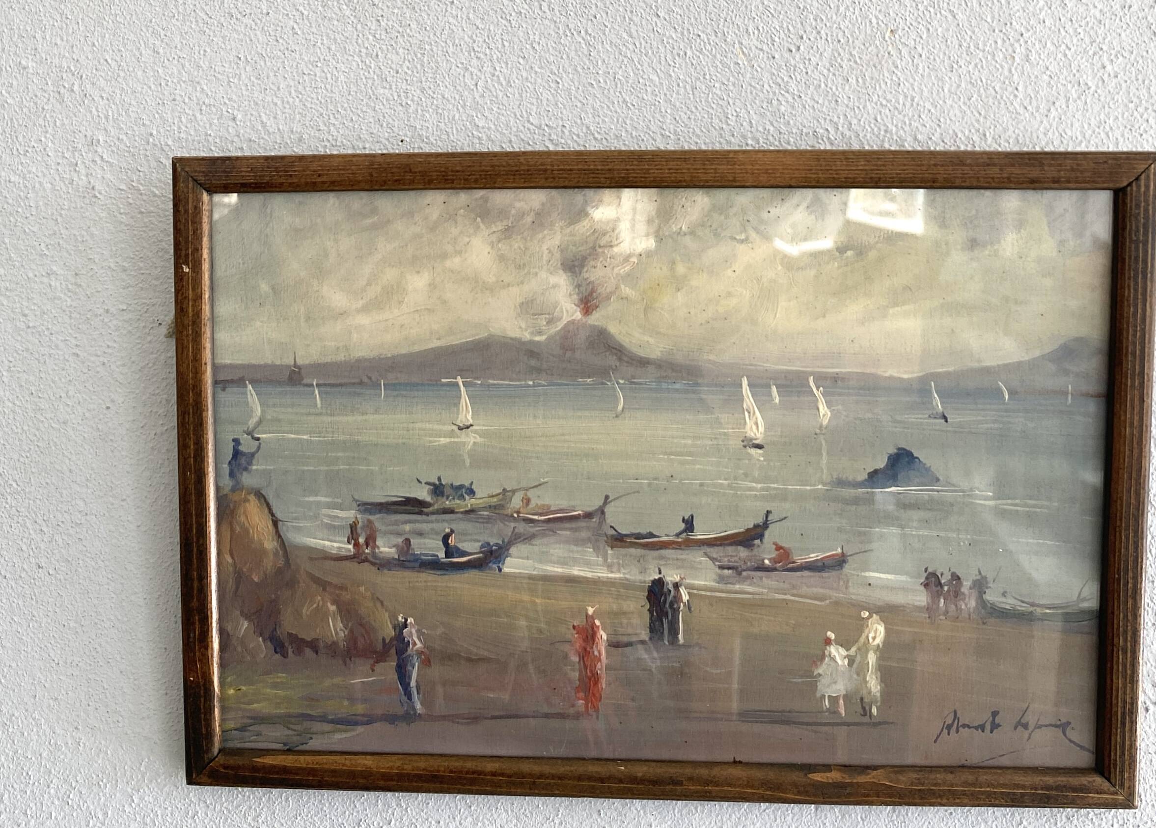 Oil painting "view of Etna" from the 60s, glass frame