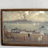 Huile « vue sur l’Etna » années 60, cadre vitré