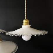 Set of 3 vintage white scalloped opaline pendants, France