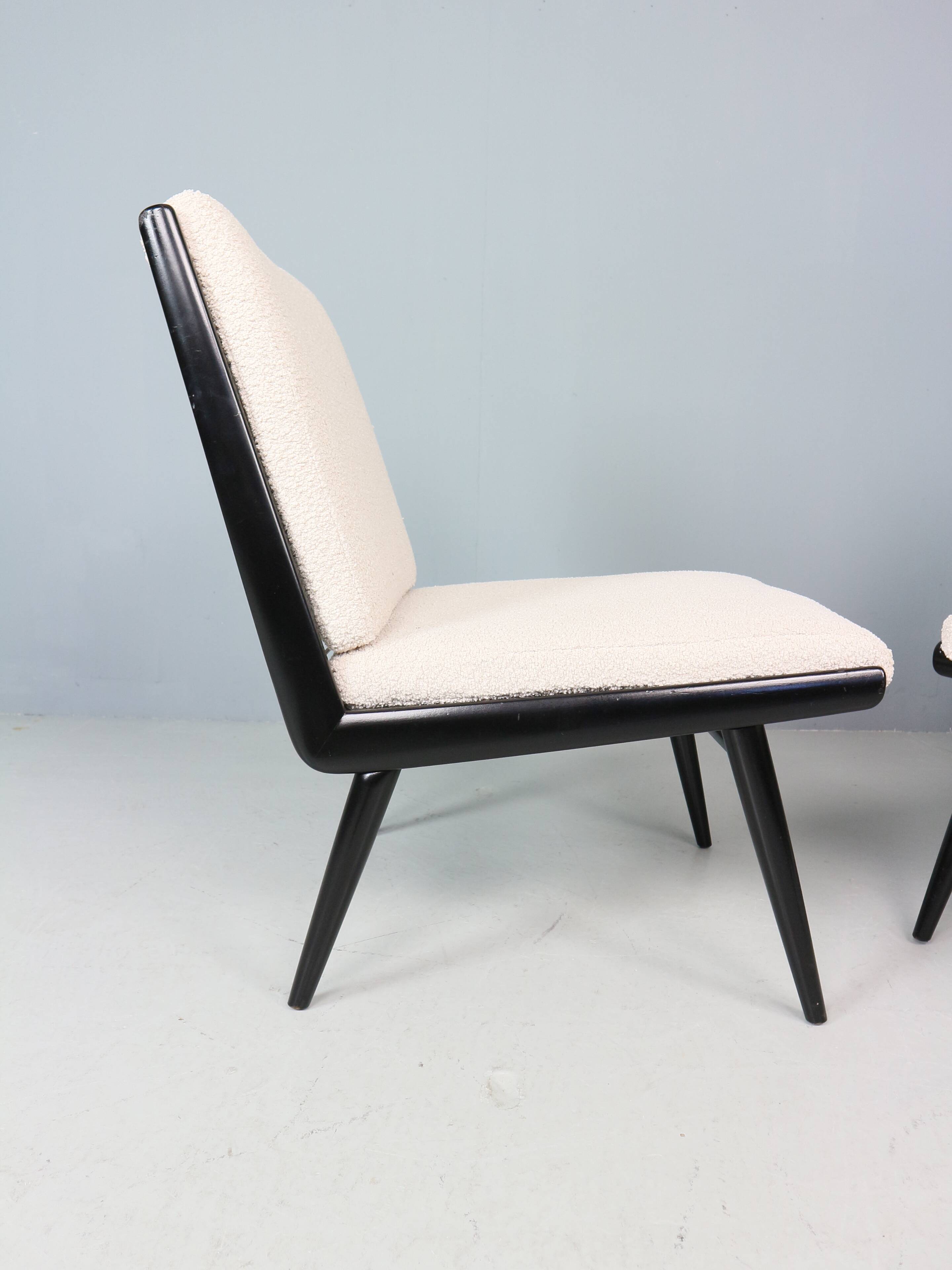 2x 'boomerang' h. mitzlaff, e. schmidt for soloform, bouclé lounge chairs, 1953