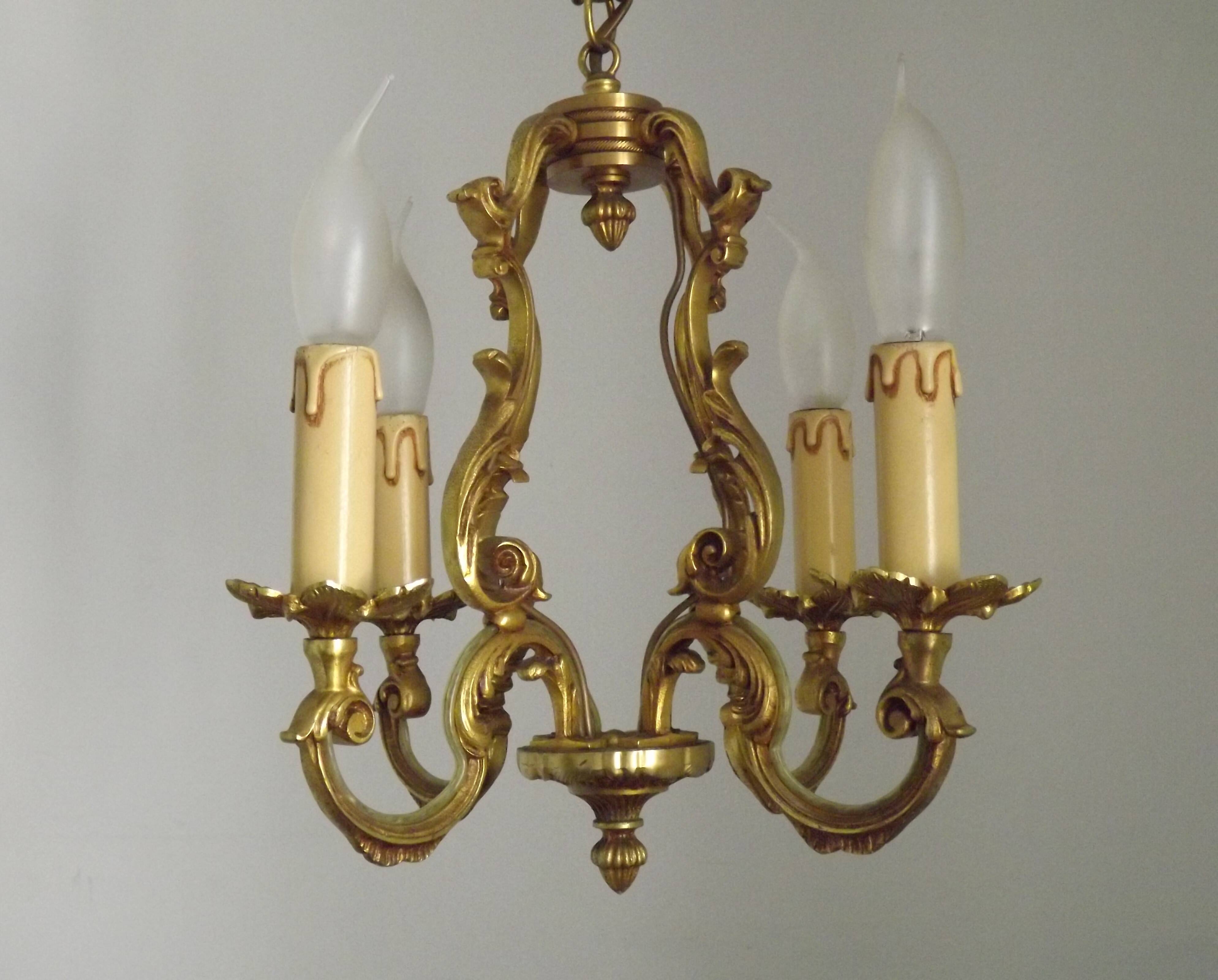 French Vintage Bronze Art Nouveau Style 4 Light 4 Sided Cage Chandelier