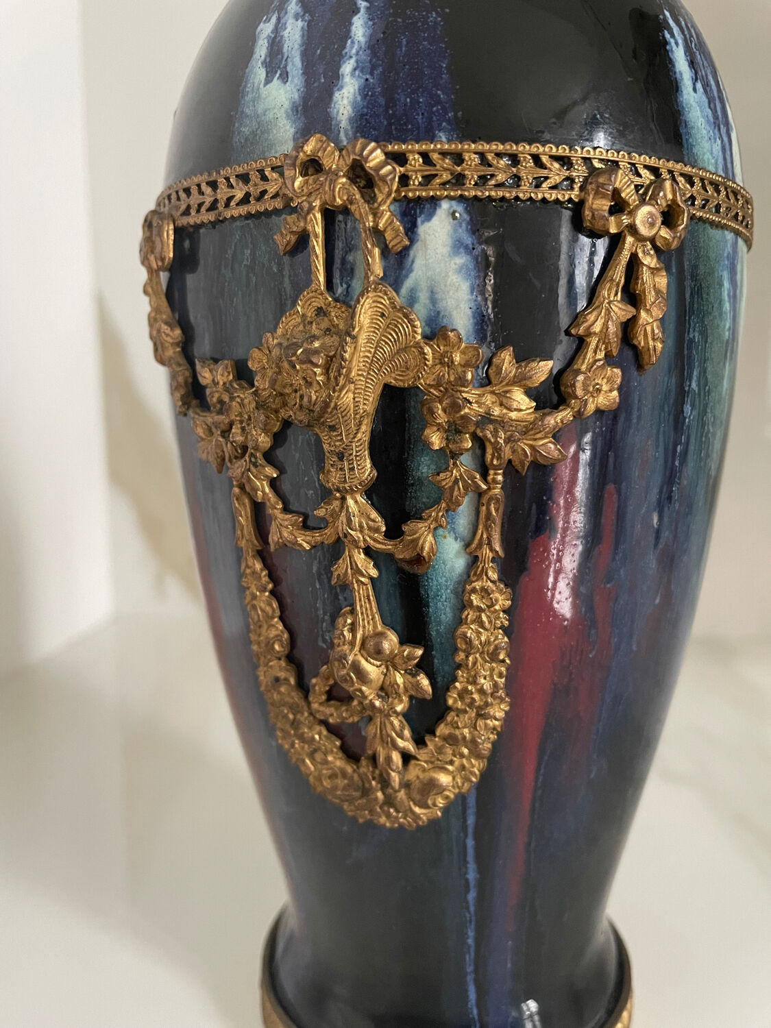 Ceramic vase with enamel drips, brass mount, around 1920, Be