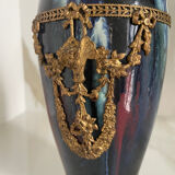 Ceramic vase with enamel drips, brass mount, around 1920, Be