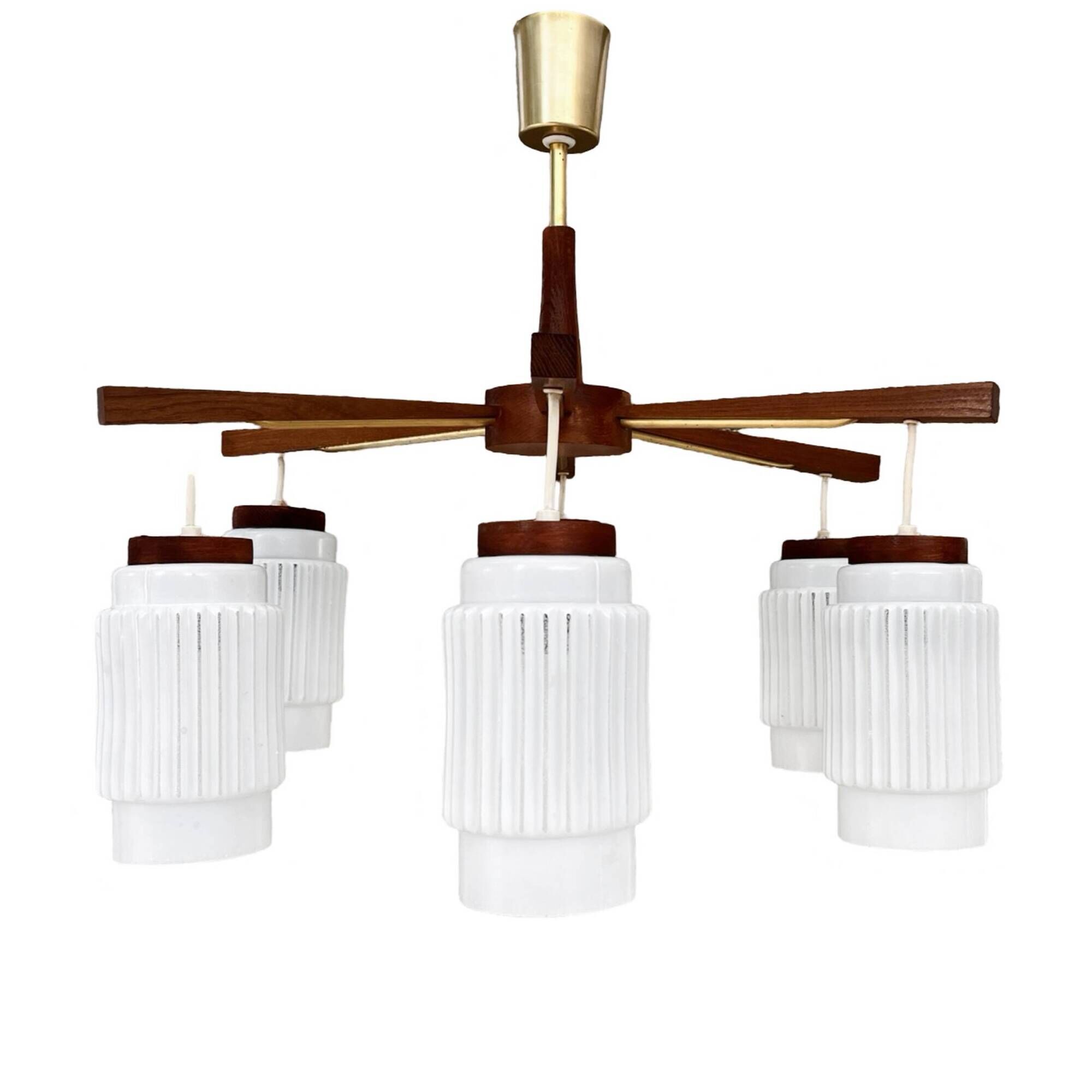 Scandinavian six-arm chandelier made of teak wood, Denmark, 1970s.