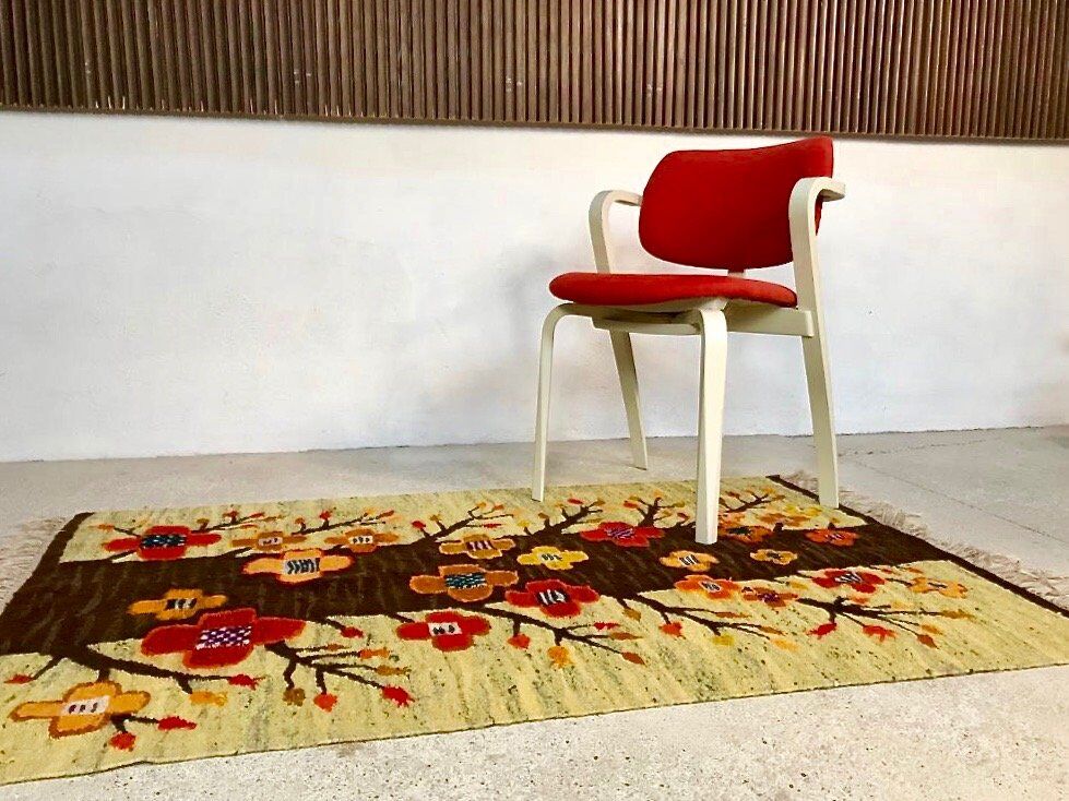 Polish kilim or wall rug with tree and blossoms motif from Cepelia, 1960s