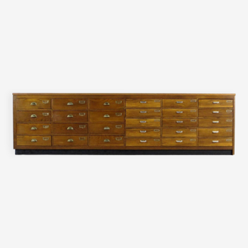 XL vintage apothecary cabinet shop counter sideboard with 27 drawers, 1920s