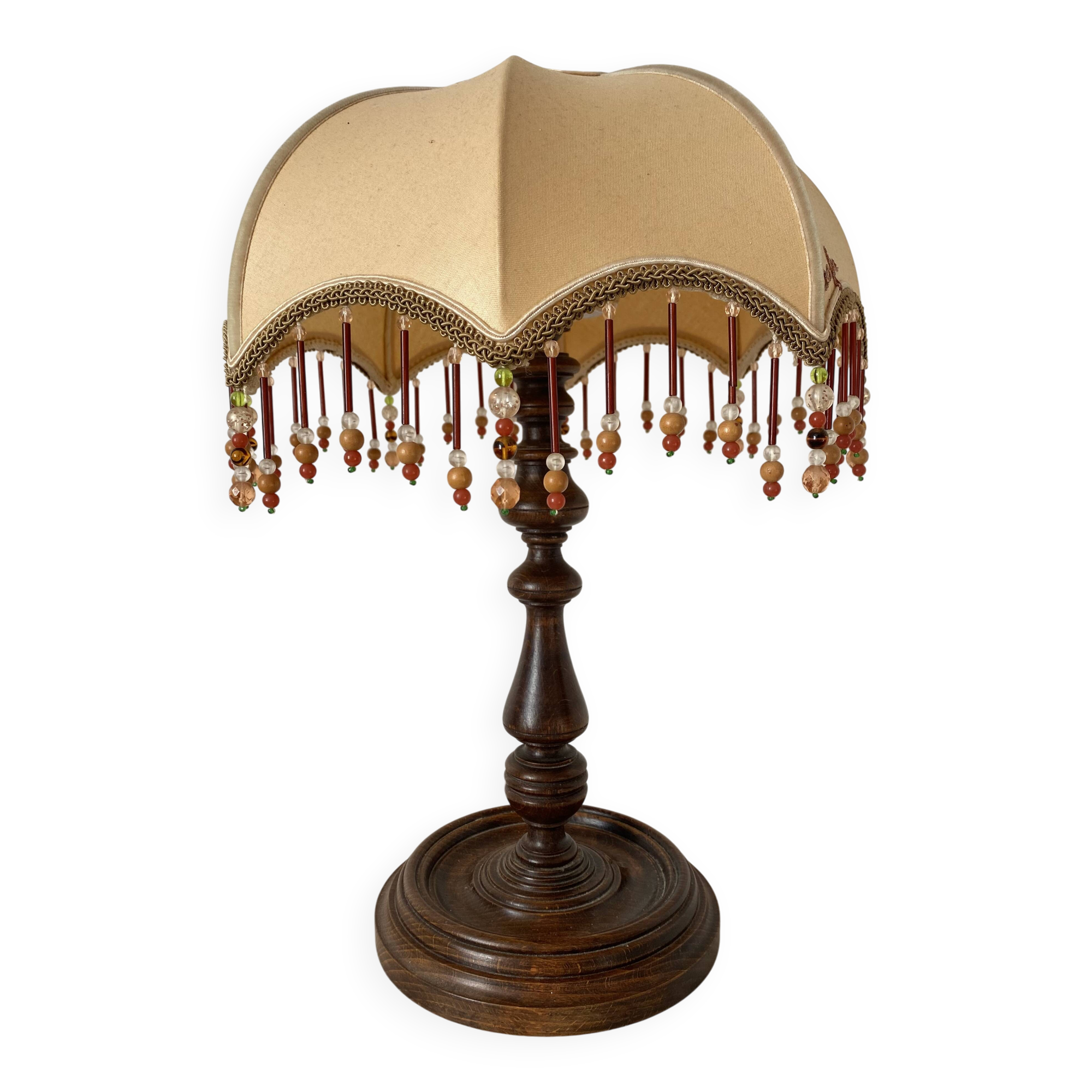 Lampe rétro bois tourné et perles 41 cm