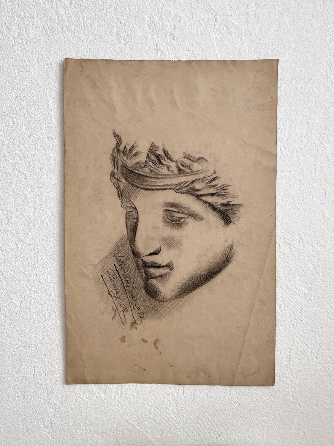 Antique academic drawing, study of a head after a marble, late 19th century