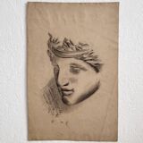 Old academic drawing, study of a head after marble, late 19th century