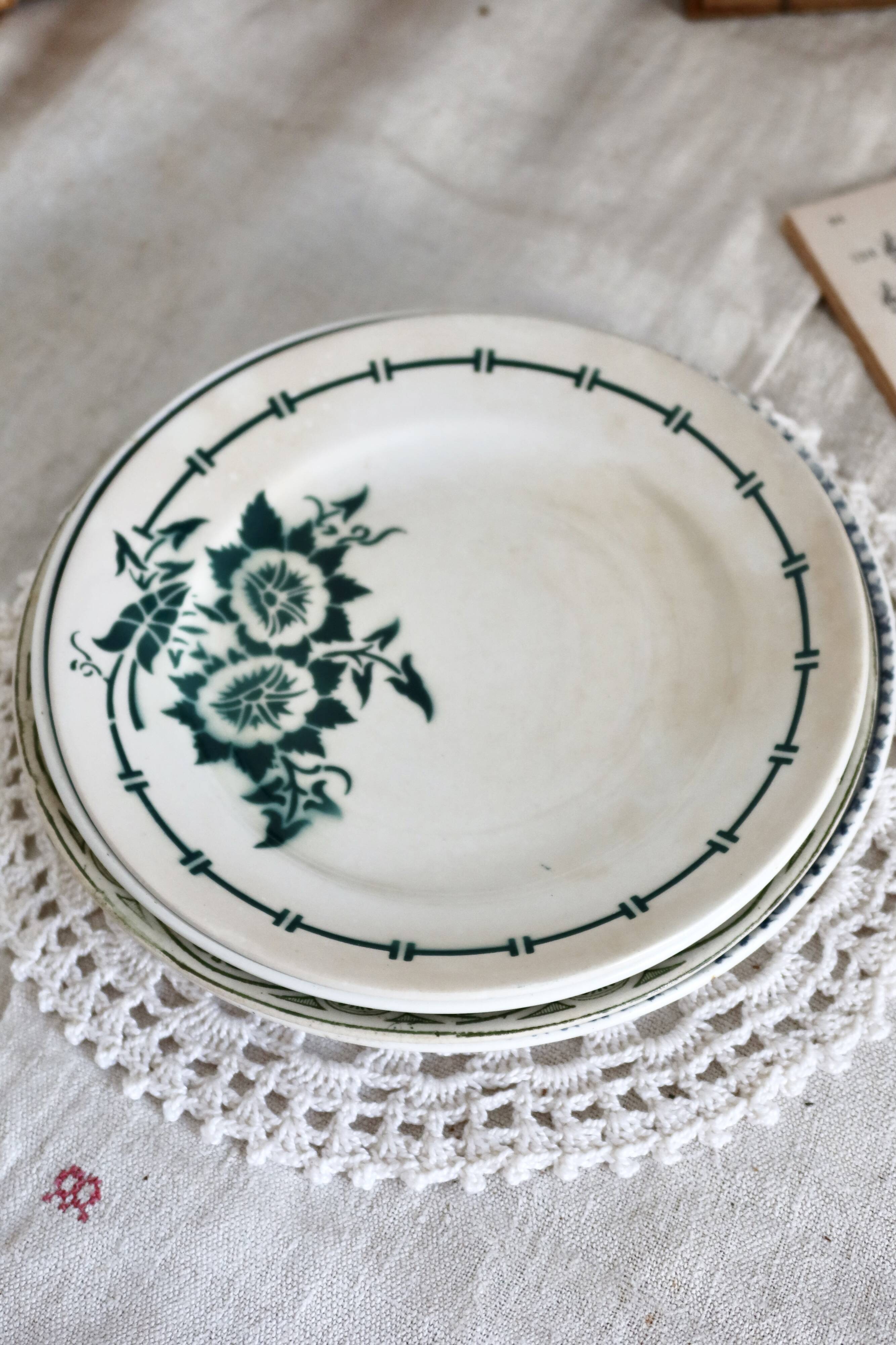 4 mismatched white and green ironstone dessert plates Arabesque set
