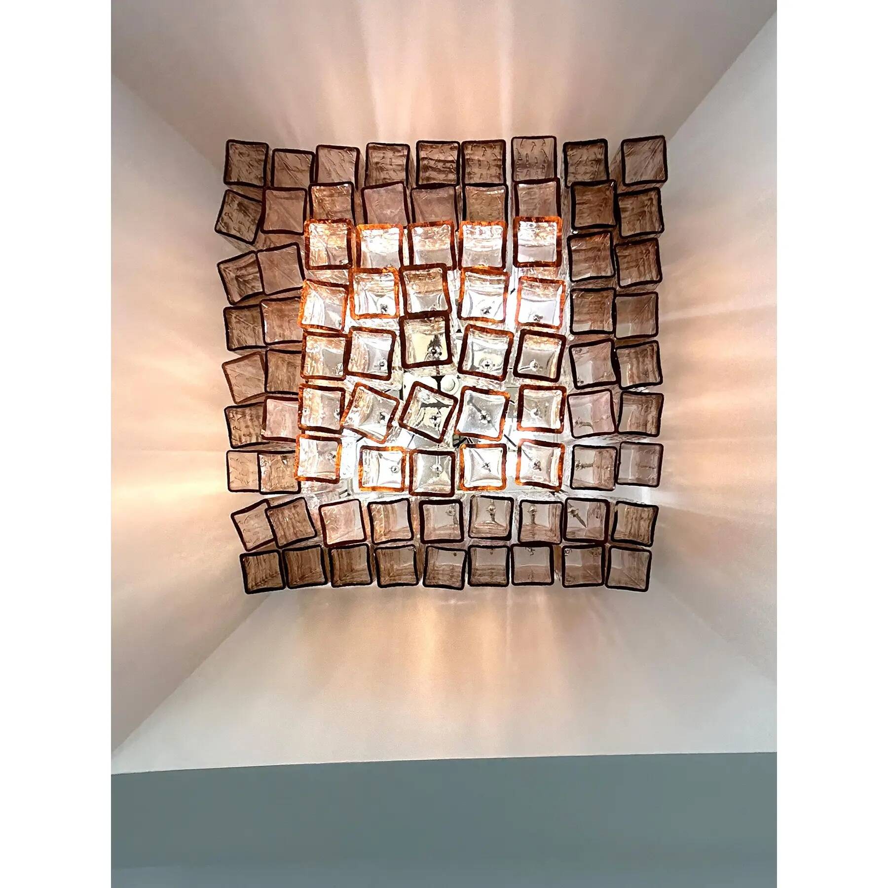 Luxury Italian Amber-Rosè “Squared” Murano Glass Squared Flush Mount
