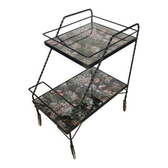 Wrought iron trolley on casters with 2 glass trays and Vintage bottle holder