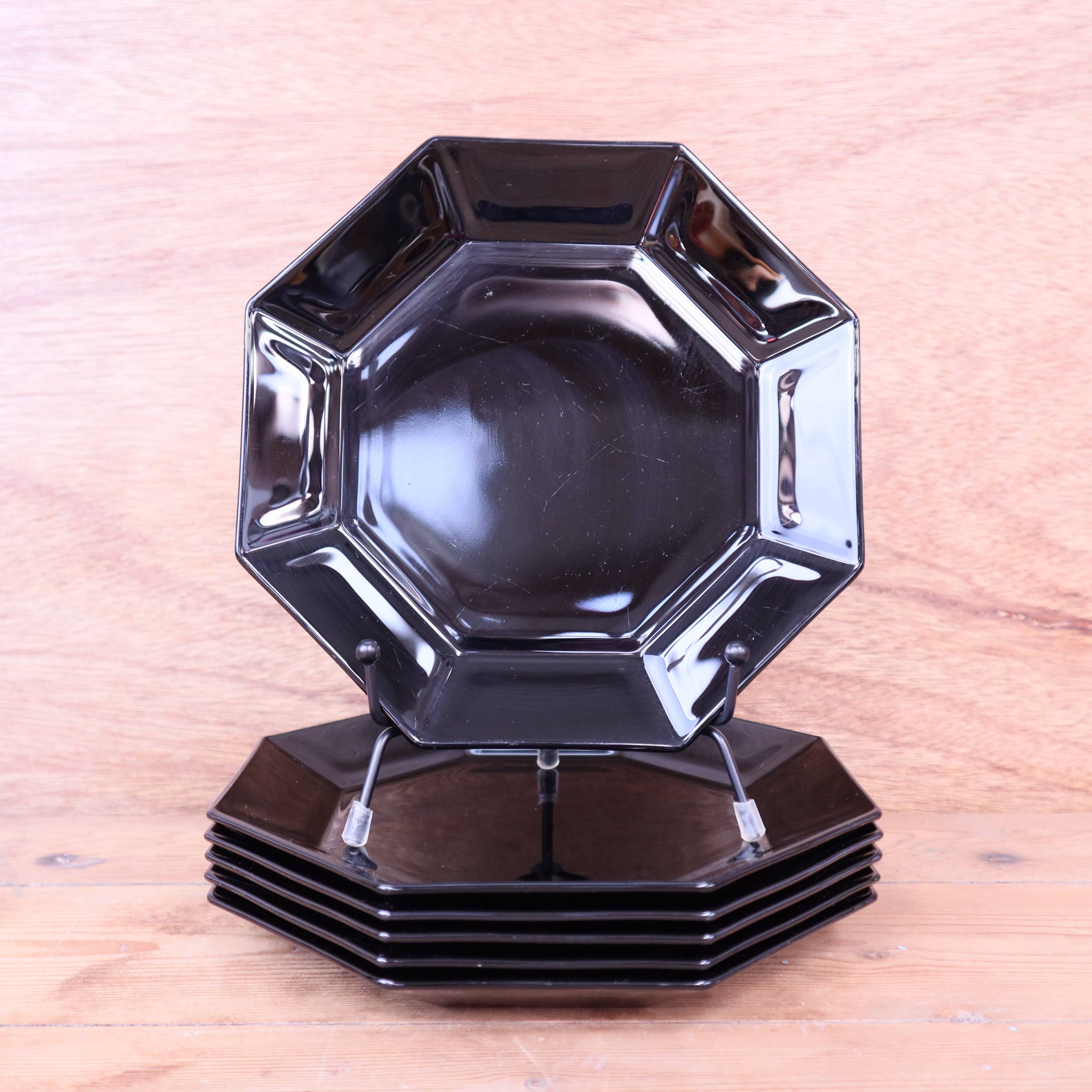6 black Arcoroc Octime dessert plates, vintage, France