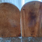 Pair of vintage bookends with rotating terrestrial globes on wooden bases in Spain