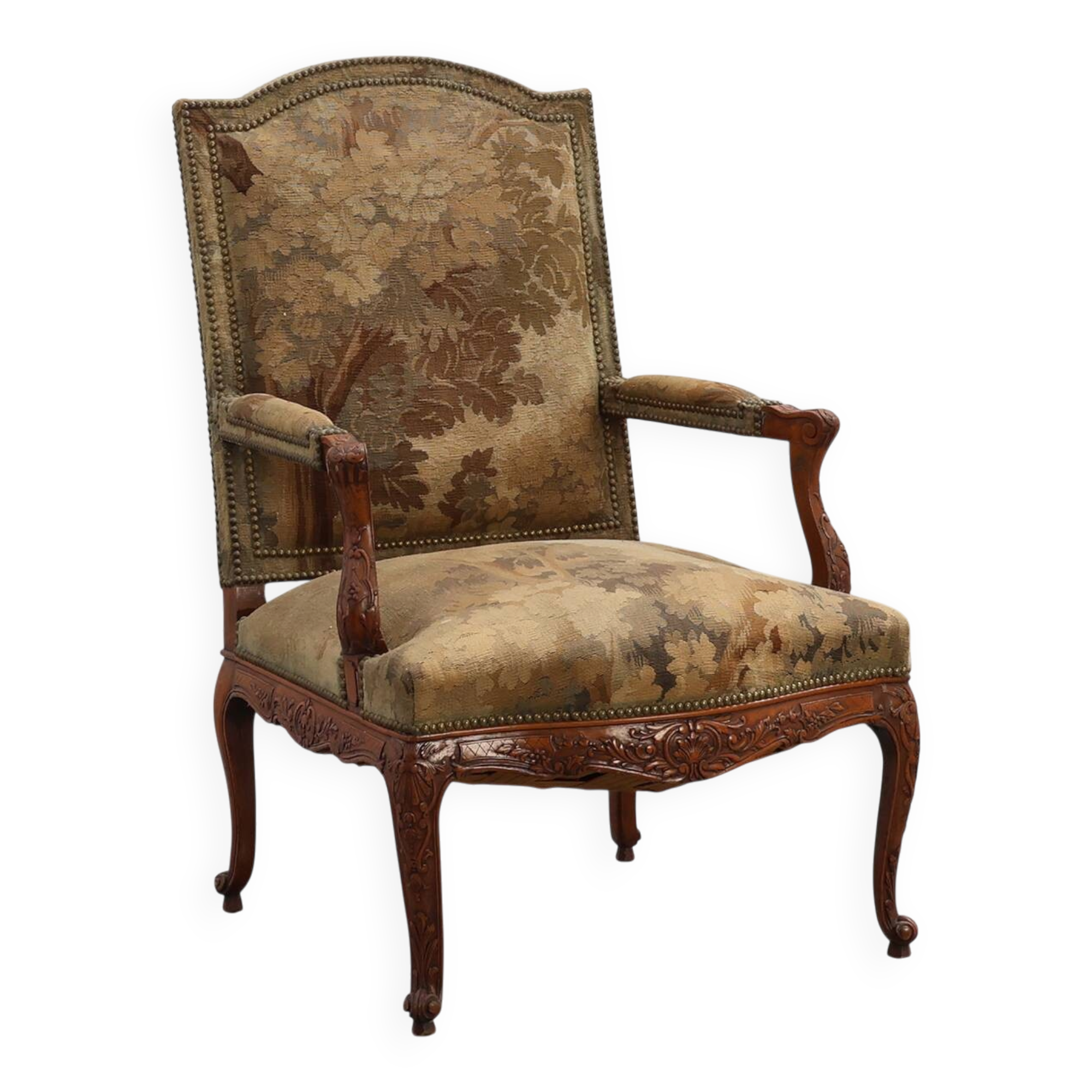 Carved Walnut Armchair with Cabriole Legs and Tapestry Upholstery, France