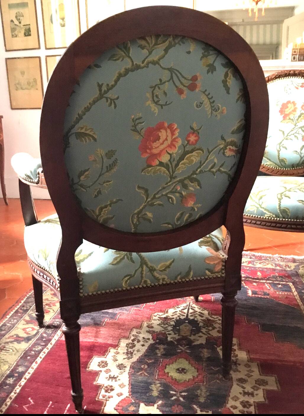Pair of medallion back armchairs in Louis XVI style
