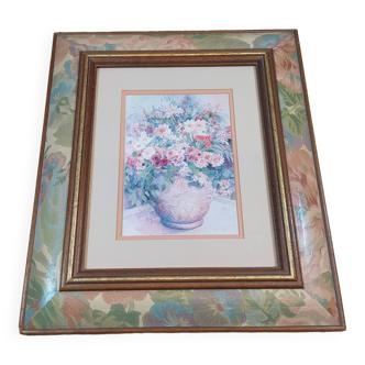 Illustration florale avec encadrement en bois teintes pastels vintage