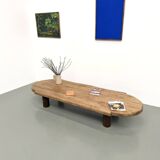 XXL oval coffee table in solid oak, cylindrical base, 1950s.